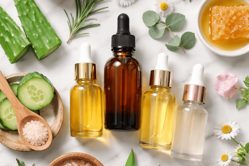 Bottles of essential oils, herbs, and flowers on a light background