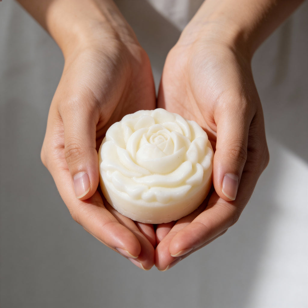 Hands holding a white flower-shaped bar of tallow against a neutral background