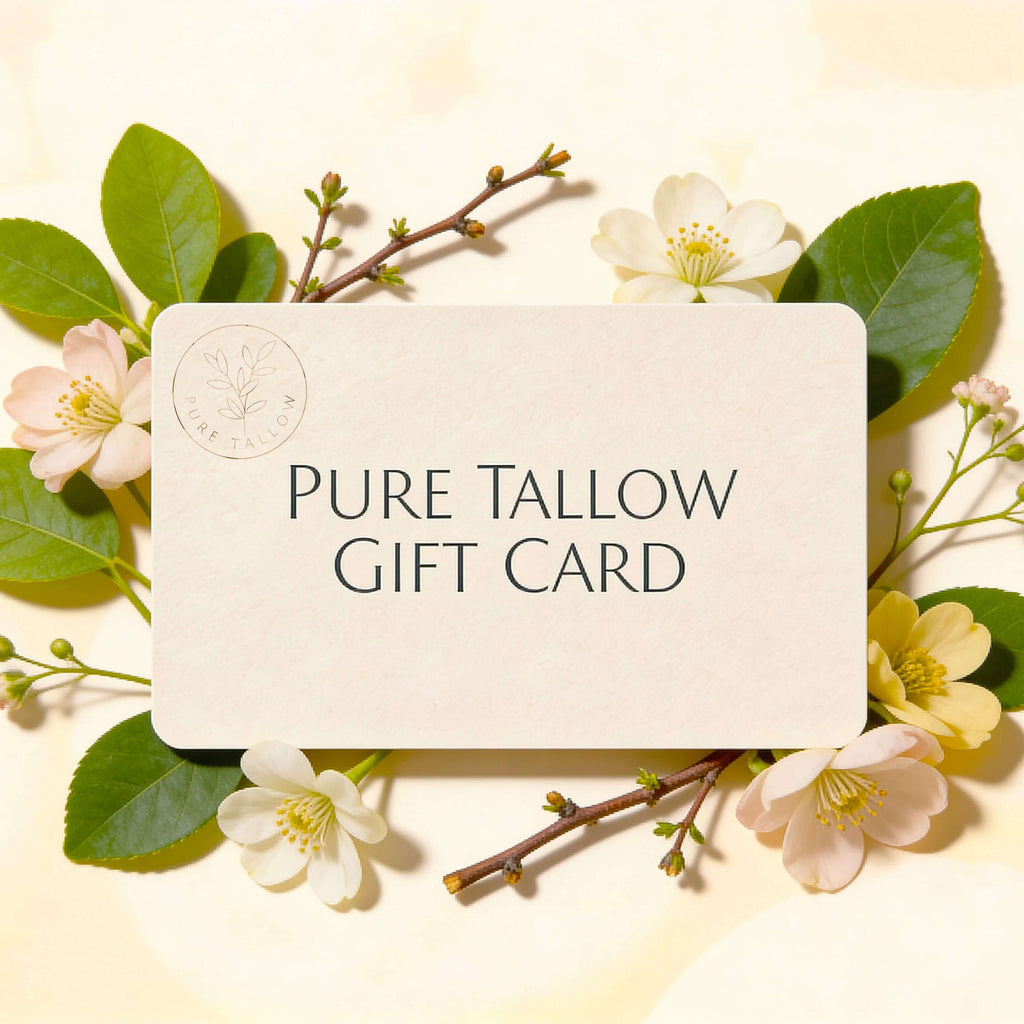 Pure Tallow Gift Card with floral and leaf decorations on a light background