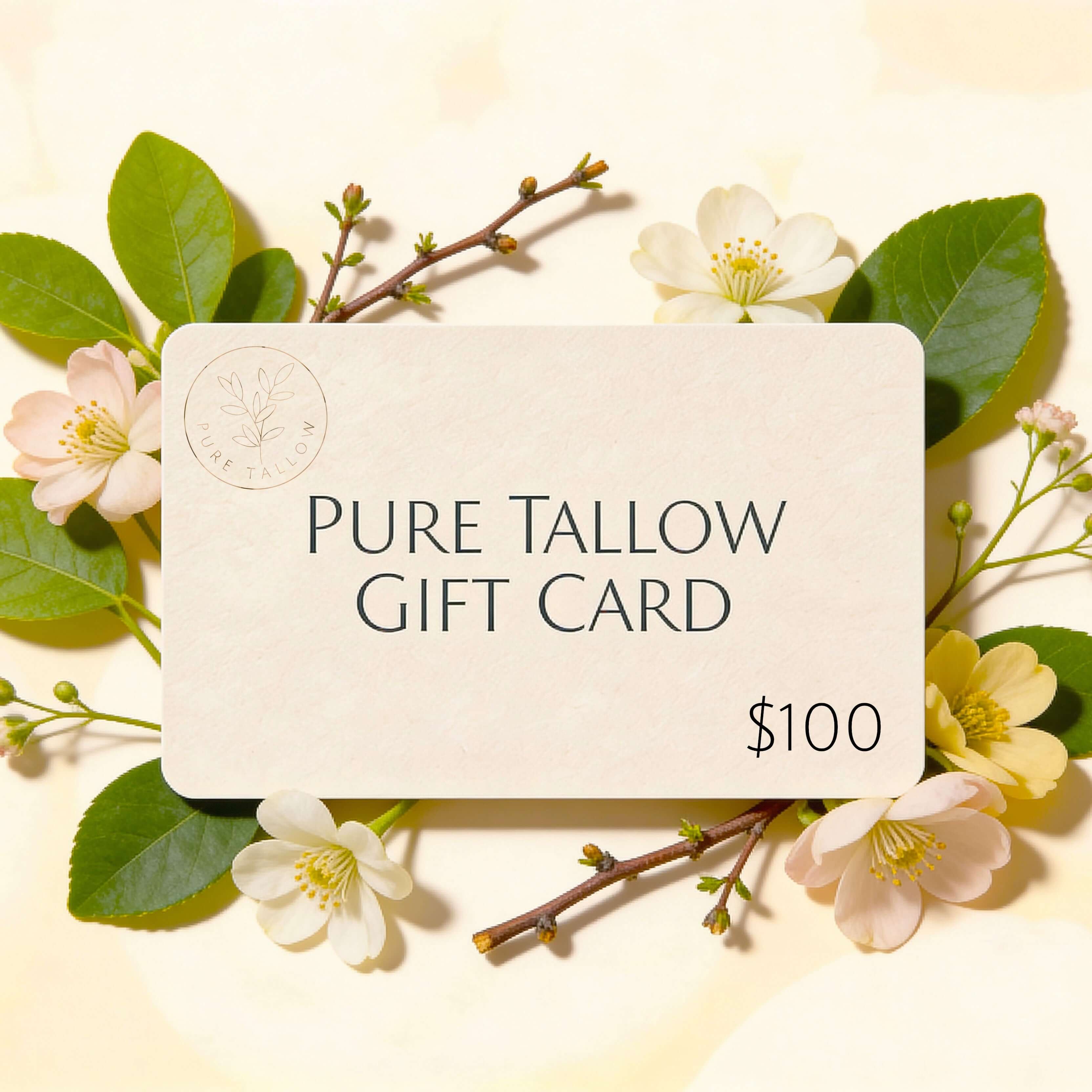 Pure Tallow gift card with floral decorations on a light background